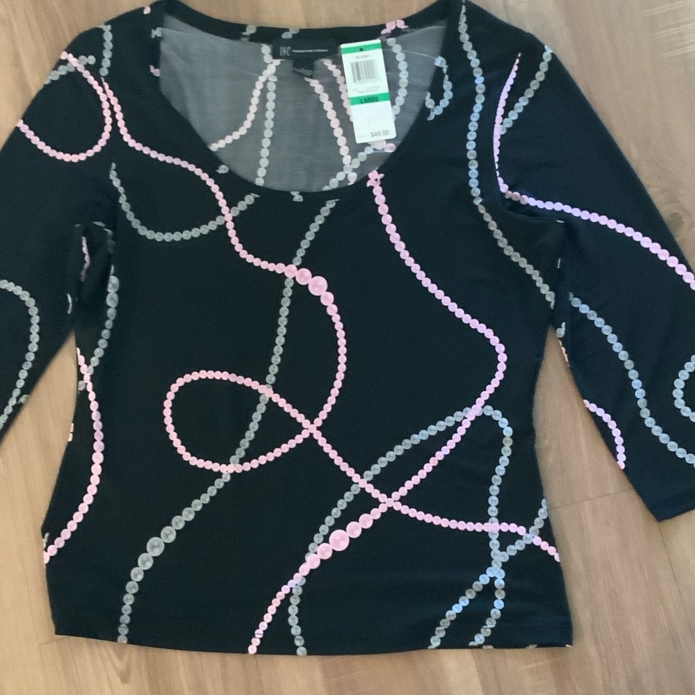 INC International Concepts Black Scoop Neck Top with Pink & Gray Beaded Print